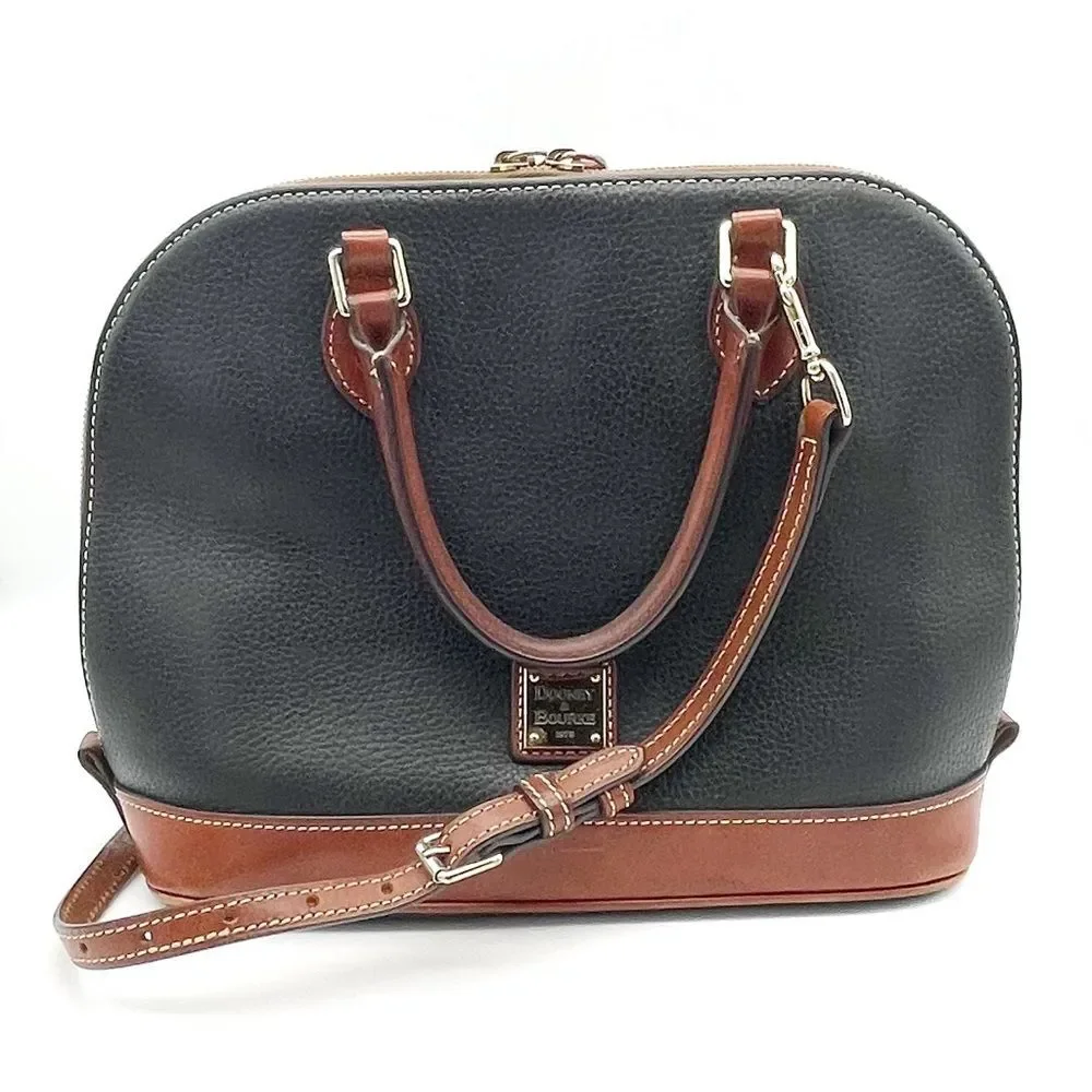 Dooney & Bourke Pebble Grain Zip Around Satchel Black & Cognac Brown Leather Bag